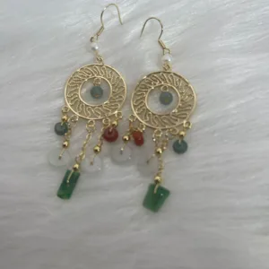 Chandelier-style 'Rainbow Earrings' with colorful jade and agate stones, accented with pearls and golden details.