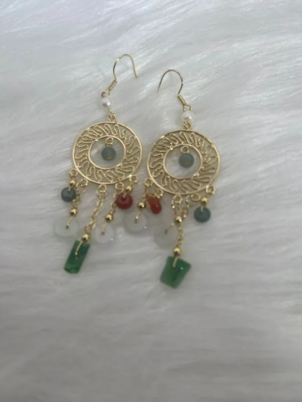 Chandelier-style 'Rainbow Earrings' with colorful jade and agate stones, accented with pearls and golden details.