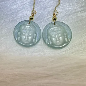 Spiritually inspired 'Enlightened Ascent' Buddha jade earrings with 14K gold, reflecting universal wisdom.