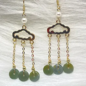 Elegant 'Safety Buckle Design Earrings' with jade disks and pearl accents, linked by gold-tone chains for a harmonious blend of tradition and style.