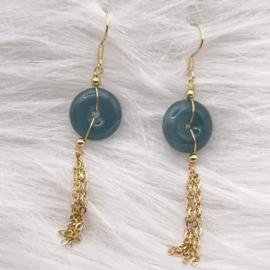 Elegant blue jade disc earrings with golden chain tassels from the 'Yearly Safety Design' series, epitomizing wishes of perennial peace.