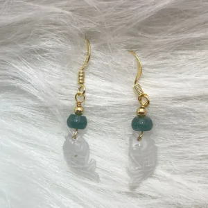 Jade fish-shaped earrings with green beads and golden accents, symbolizing 'Abundance Year After Year' for everlasting prosperity.
