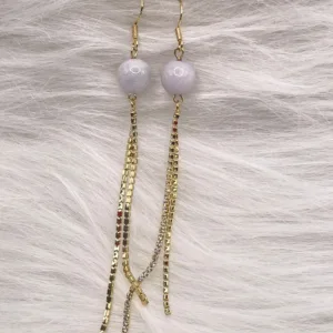 Elegant long-drop earrings featuring lavender jade orbs and embellished gold chains, symbolizing the wearer's enlightened journey represented by 'Every Path Leads to Purple Pearls'