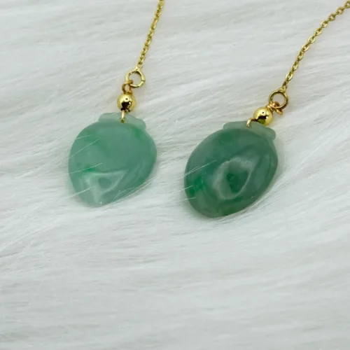 Elegant green jade earrings from the 'Peaches and Plums Fill the Sky' series with 14K gold accents