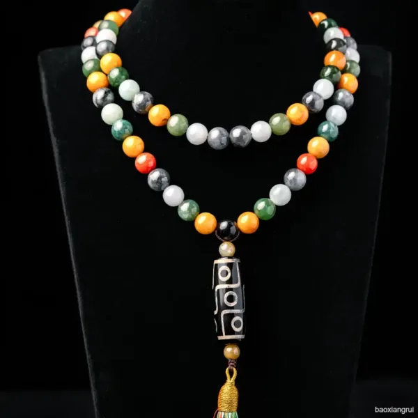 Colorful beaded necklace on black display.