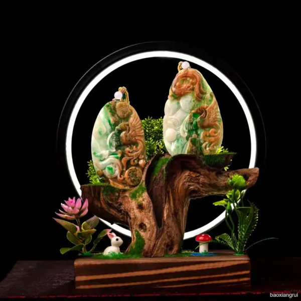 Carved jade dragons on wood stand with backlight.