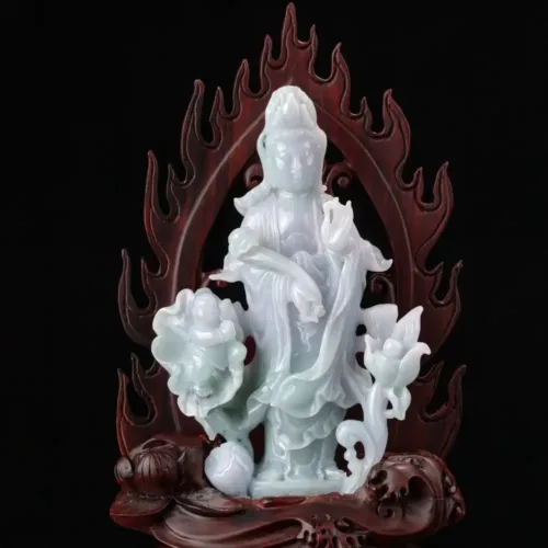 Jade Guanyin statue with lotus and flame halo